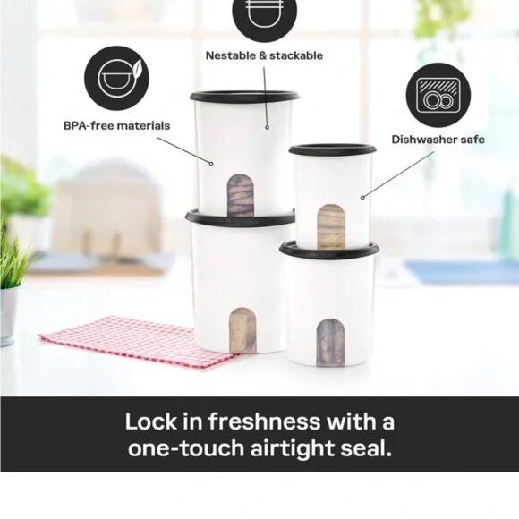 NIB Tupperware One Touch Reminder Canister Set White and Black - Picture 2 of 5